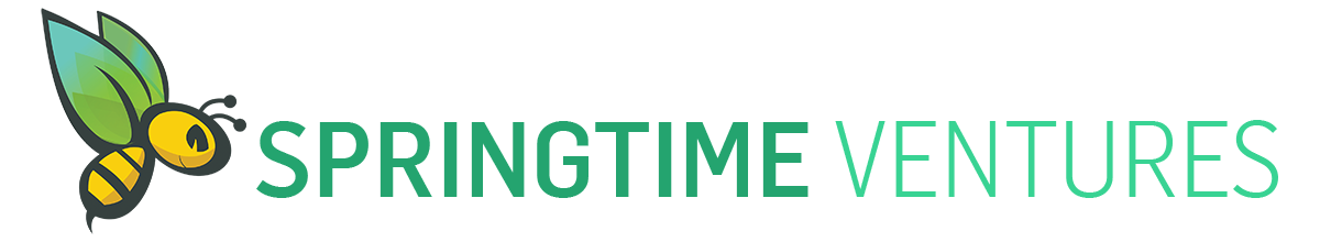 A stylized cartoon bee with leaf wings, smiling. Text: SPRINGTIME VENTURES in green sans-serif font